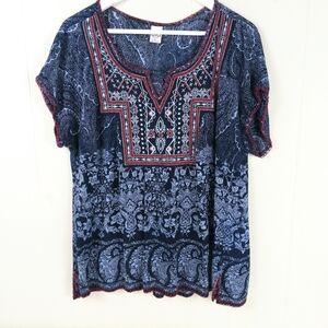 Bila Blue Floral Paisley Beaded Tunic Top Size L Popover Boho Peasant Split Neck